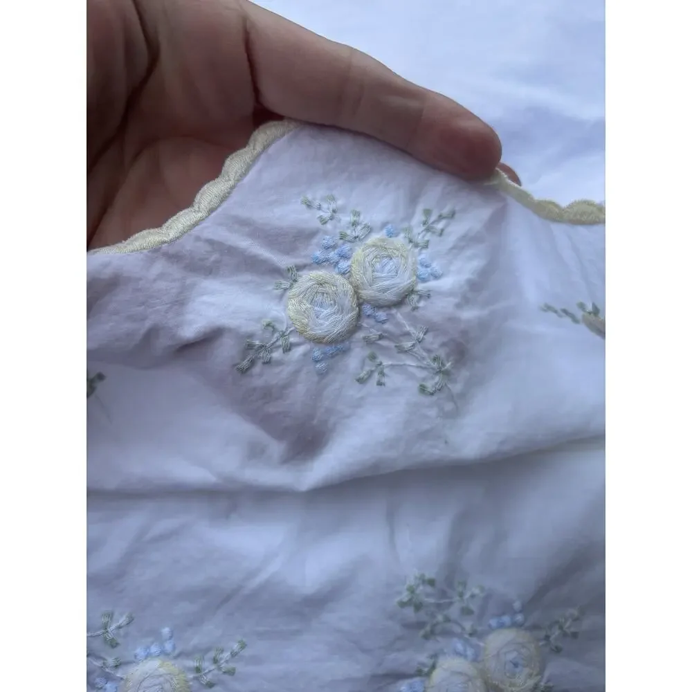 Vintage Hand Embroidered White Yellow Cotton Pillow Cover 31x22